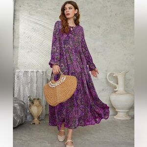 SHEIN Mulvari Allover Print Flounce Sleeve Ruffle Hem Smock long sleeve dress